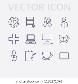 Outline 12 cup icon set. desktop, award, reading a book, tea cup, volleyball ball, read the book, notebook edit, plus, add document and laptop vector illustration