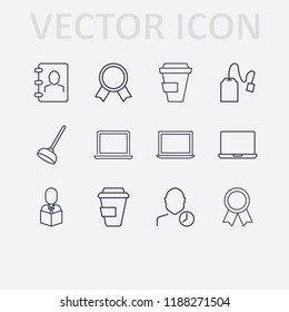 Outline 12 cup icon set. user clock, coffee cup, laptop, phone book, reading a book, toilet pump, tea bag and award vector illustration
