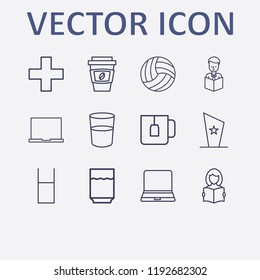 Outline 12 cup icon set. laptop, teacup, reading a book, plus, water glasses and read the book vector illustration