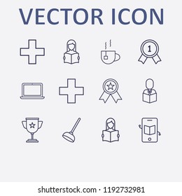 Outline 12 cup icon set. read the book, tea, reading a book, toilet pump, award and plus vector illustration