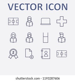 Outline 12 cup icon set. read the book, football field, award, document add, laptop and water glasses vector illustration