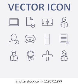 Outline 12 cup icon set. add document, award, laptop, tea cup, user clock and document add vector illustration