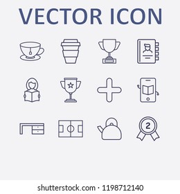 Outline 12 cup icon set. award, smartphone learning, plus, award cup, winner cup and read the book vector illustration