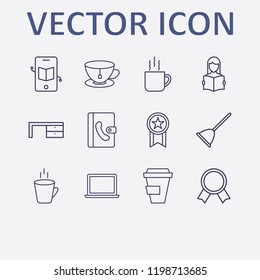 Outline 12 cup icon set. coffee cup, phone book, desk, read the book, award and toilet pump vector illustration