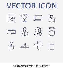 Outline 12 cup icon set. winner cup, water glasses, phone book, read the book, plus and reading a book vector illustration