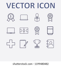 Outline 12 cup icon set. phone book, laptop, award cup, football field, water glasses and reading a book vector illustration