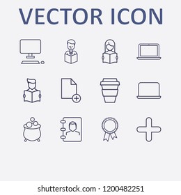 Outline 12 cup icon set. plus, phone book, document add, read the book, reading a book and desktop vector illustration