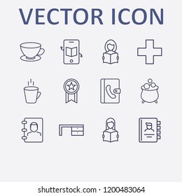 Outline 12 cup icon set. award, read the book, plus, tea cup, caldron and hot cup vector illustration