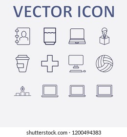 Outline 12 cup icon set. laptop, phone book, coffee cup, award, plus and volleyball ball vector illustration