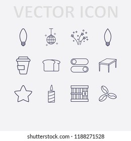 Outline 12 dark icon set. jail, table, coffee bean, switch button, fireworks, disco ball, bread, star, lamp, coffee cup and candle vector illustration