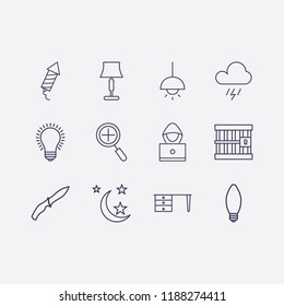 Outline 12 dark icon set. lampshade, lamp, fireworks, table, storm, zoom, moon, hacker, jail, chandelier and soldier knife vector illustration