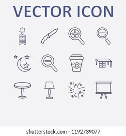 Outline 12 dark icon set. moon, zoom out, zoom, fireworks, soldier knife and coffee cup vector illustration