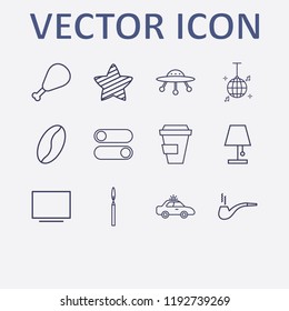 Outline 12 dark icon set. ufo, police car, disco ball, star, lampshade and switch button vector illustration