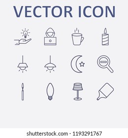 Outline 12 dark icon set. hot cup, chandelier, lamp, candle, islam moon and lampshade vector illustration