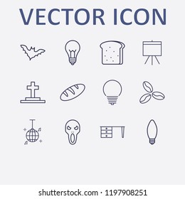 Outline 12 dark icon set. lamp, halloween ghost, bat, board, table and disco ball vector illustration