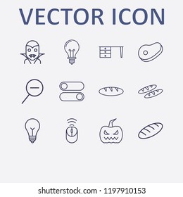 Outline 12 dark icon set. lamp, wifi mouse, halloween pumpkin, table, meat and halloween vampire vector illustration