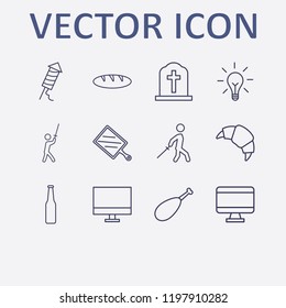 Outline 12 dark icon set. monitor, halloween grave, chicken leg, beer bottle, croissant and kitchen board vector illustration