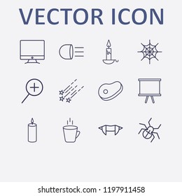 Outline 12 dark icon set. hallloween candle, zoom, spider, board, hot cup and monitor vector illustration