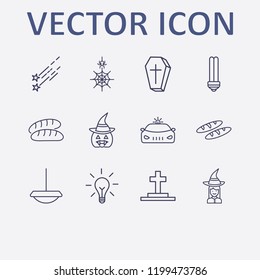 Outline 12 dark icon set. star fall, halloween grave, lamp, halloween witch costume, spider web and chandelier vector illustration