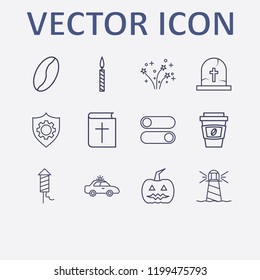 Outline 12 dark icon set. shield setting, candle, halloween pumpkin, coffee bean, switch button and halloween grave vector illustration