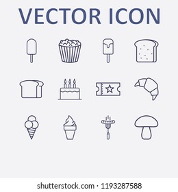 Outline 12 delicious icon set. cake, sausage, bread, croissant, movie ticket and ice cream vector illustration