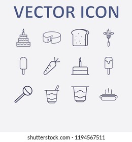 Outline 12 delicious icon set. hot dog, lollipop, sausage, birthday cake, cheese and yogurt vector illustration
