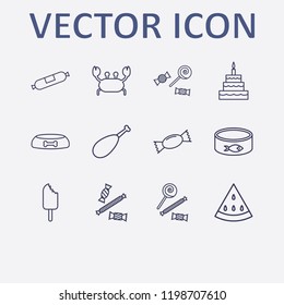 Outline 12 delicious icon set. fish canned, crab, ice cream, chicken leg, dog food bowl and birthday cake vector illustration
