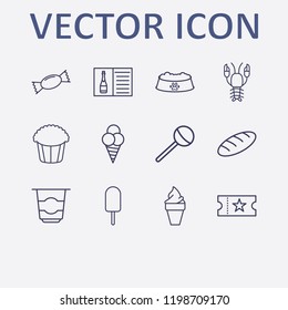 Outline 12 delicious icon set. champagne menu, lollipop, candy, ice cream, animal dish and popcorn vector illustration