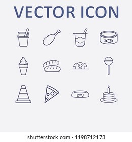 Outline 12 delicious icon set. fish canned, ice cream, pizza, birthday cake, cone and dog food bowl vector illustration