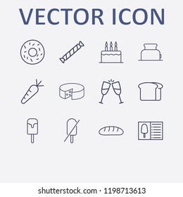 Outline 12 delicious icon set. forbidden ice cream, donut, cheese, toster, bread and carrot vector illustration