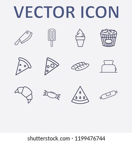 Outline 12 delicious icon set. bread, pizza, sausage, croissant, popcorn and watermelon vector illustration