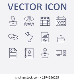 Outline 12 desk icon set. chat, laptop worker, pc, desktop lamp, download in folder and analytics document vector illustration