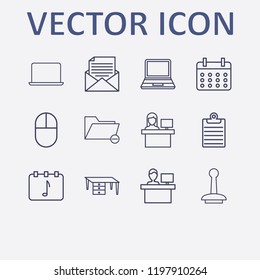 Outline 12 desk icon set. stamp, table, mail document, clipboard, reception and remove folder vector illustration