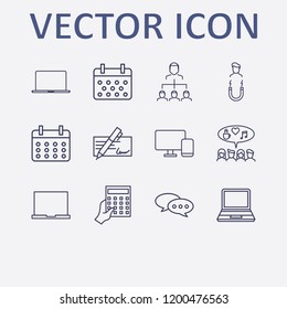 Outline 12 desk icon set. hand with calculator, chat, calendar, social campaign, businessman organized and monitor phone vector illustration