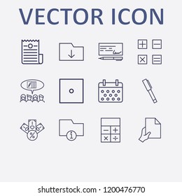 Outline 12 desk icon set. tax, dice, money check, hand with document, download folder and taxes vector illustration