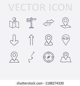 Outline 12 direction icon set. distance map, arrow, location, compass, road sign, map location and car location vector illustration