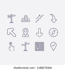 Outline 12 direction icon set. finger click, compass, map location, stairs up, road sign, location, arrow and pin check vector illustration