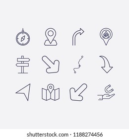 Outline 12 direction icon set. map location, compass, location, distance map, signpost, hand with magnet, arrow and turn right arrow vector illustration