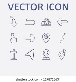 Outline 12 direction icon set. left signpost, distance map, map location, location arrow, location and finger click vector illustration