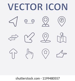 Outline 12 direction icon set. location, location home, finger right, distance map, arrow and one finger vector illustration