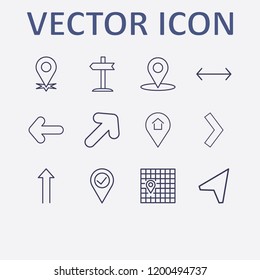 Outline 12 direction icon set. arrow, location, left signpost, map location, location check and location arrow vector illustration