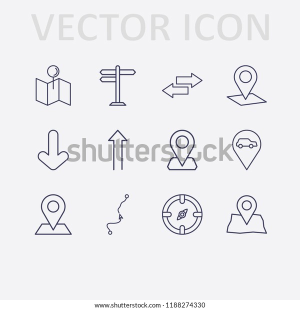 Outline 12 direction icon set. distance map,\
arrow, location, compass, road sign, map location and car location\
vector illustration
