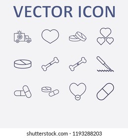 Outline 12 doctor icon set. broken bone, heart, remove heart, pill, scalpel and ambulance vector illustration
