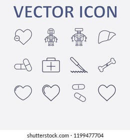 Outline 12 doctor icon set. liver, pill, robot, heart, remove heart and medicine briefcase vector illustration
