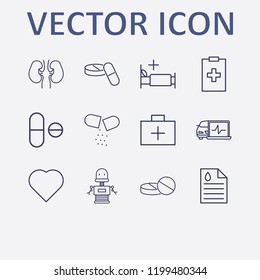 Outline 12 doctor icon set. diagnostic, medicine document, robot, medicine bed, heart and kidney vector illustration