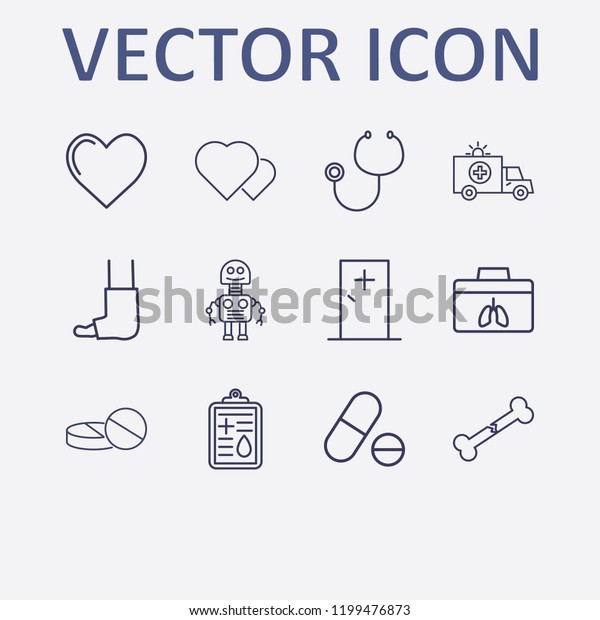 Outline\
12 doctor icon set. heart, stethoscope, broken bone, pill,\
ambulance and medicine door vector\
illustration