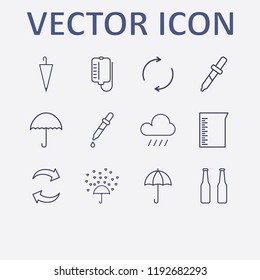 Outline 12 drop icon set. raining, pipette, beaker, love rain, umbrella and beer bottle vector illustration