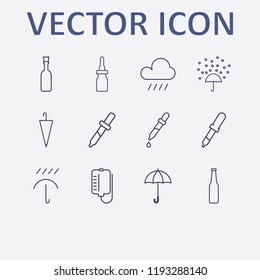 Outline 12 drop icon set. beer bottle, umbrella, pipette bottle, blood bag, pipette and raining vector illustration