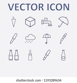 Outline 12 drop icon set. umbrella, raining, pipette bottle, pipette, water crane and beer bottle vector illustration