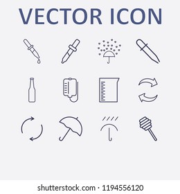 Outline 12 drop icon set. beaker, honey dipper, refresh, blood bag, beer bottle and pipette vector illustration